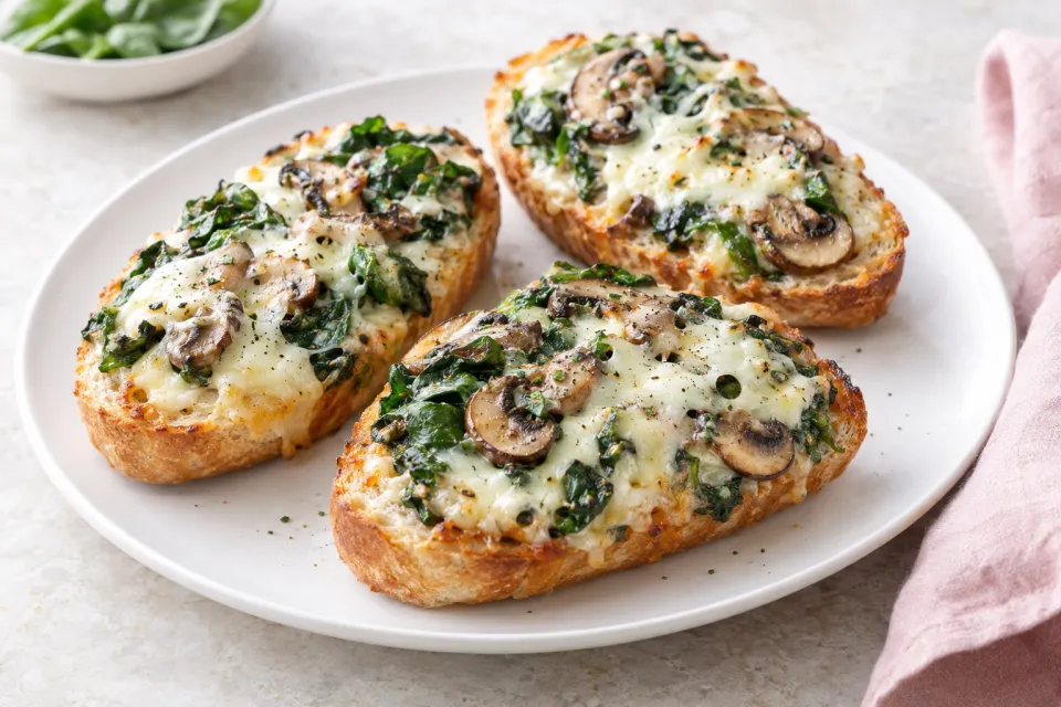 Mushroom Spinach and Swiss French Bread Pizzas