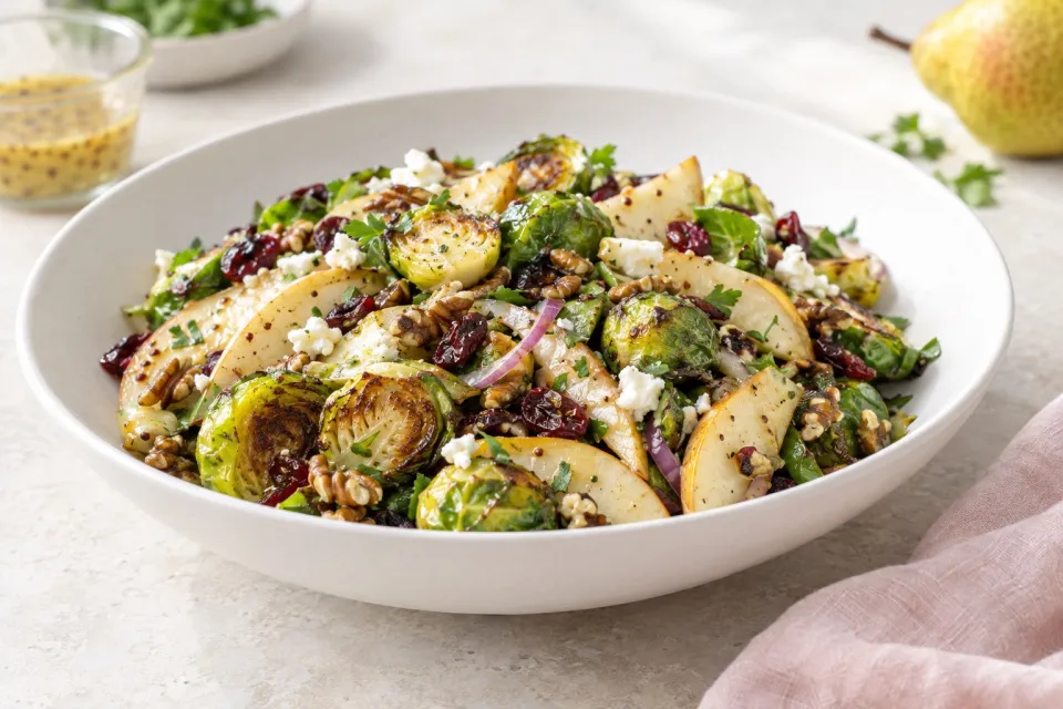 Warm Brussels Sprouts and Pear Salad with Dijon Vinaigrette