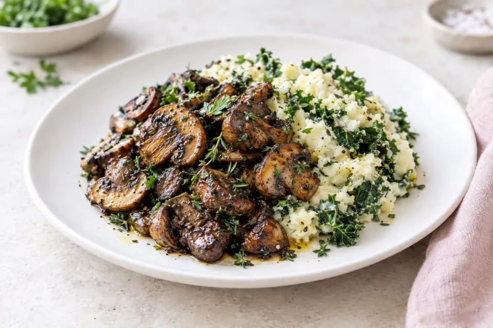 Balsamic Roasted Mushrooms with Herby Kale Mashed Potatoes