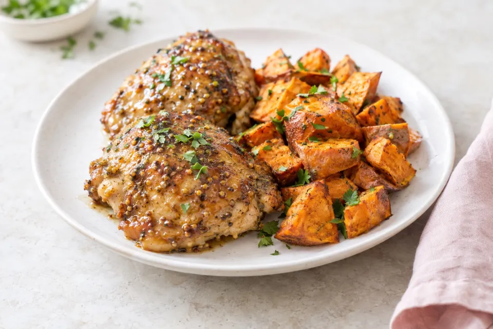 Soy Dijon Chicken Thighs with Sweet Potatoes