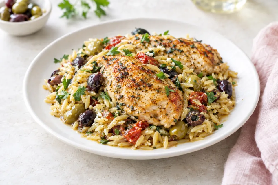 Skillet Chicken with Orzo and Olives
