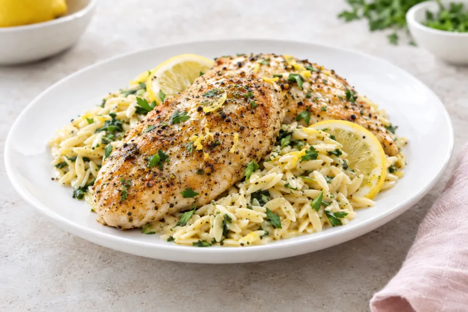 Lemon Pepper Chicken with Orzo