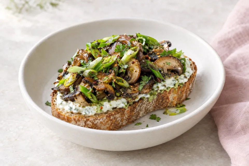 Mushroom Scallion Tartine with Poblano Yogurt