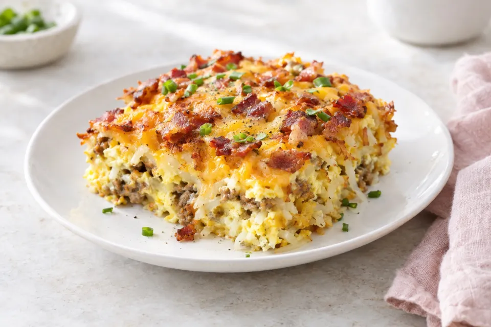 Breakfast Casserole with Hash Browns, Bacon or Sausage!