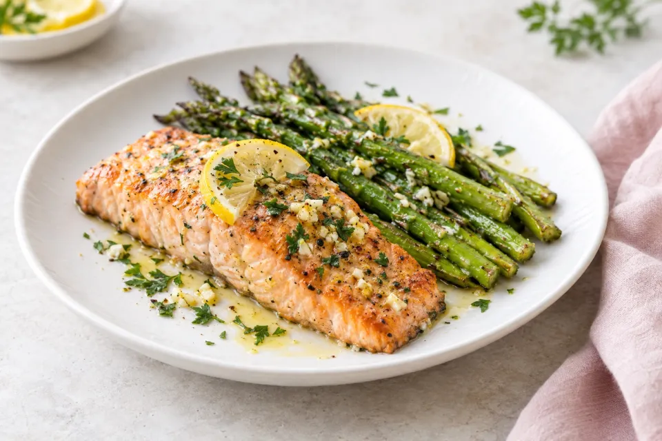 One Pan Lemon Garlic Baked Salmon + Asparagus