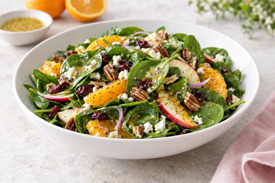Autumn Spinach Salad with Orange Poppy Seed Dressing