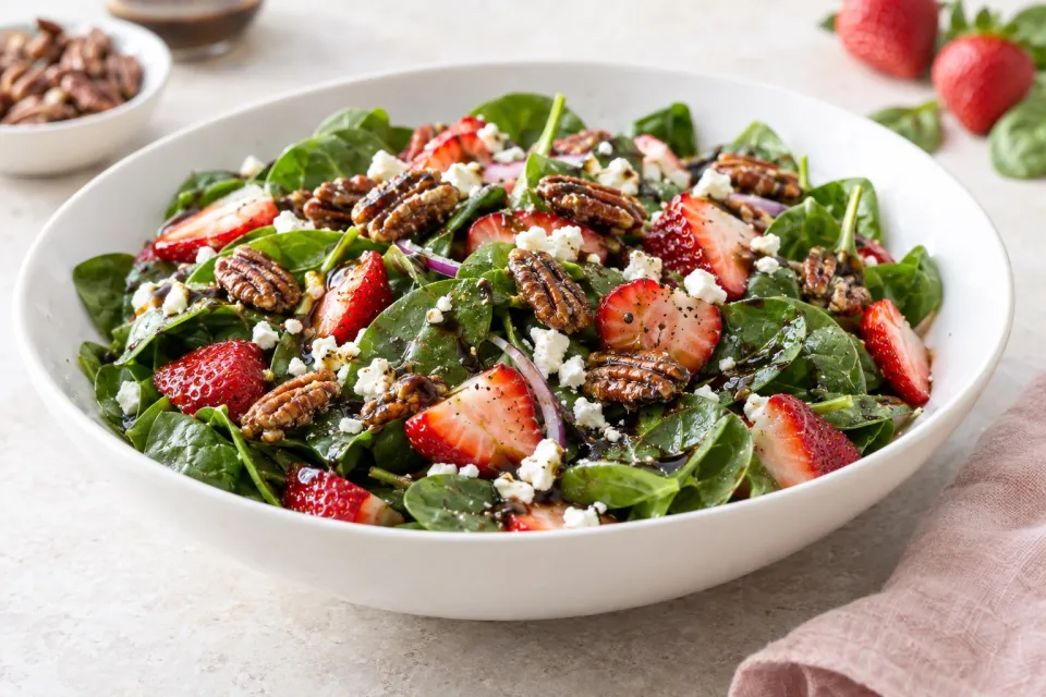 Strawberry Spinach Salad with Candied Pecans Feta and Balsamic Vinaigrette