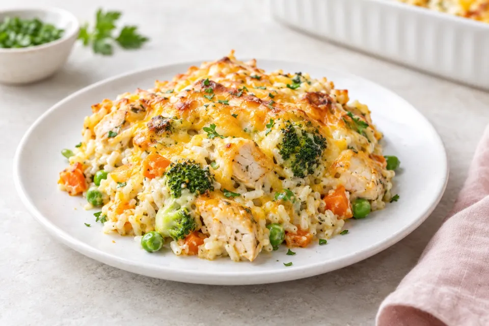Cheesy Chicken Vegetable and Rice Casserole