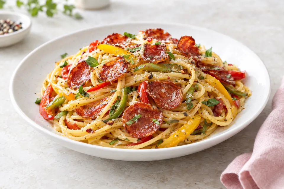 Three Pepper Pasta with Crispy Pepperoni