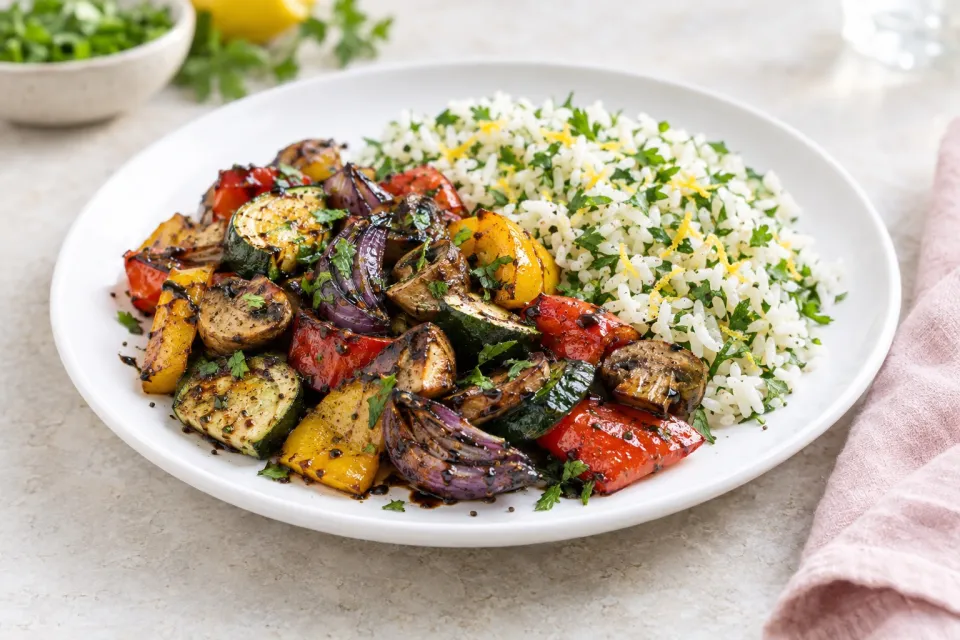 Broiled Balsamic Vegetables with Lemon Parsley Rice