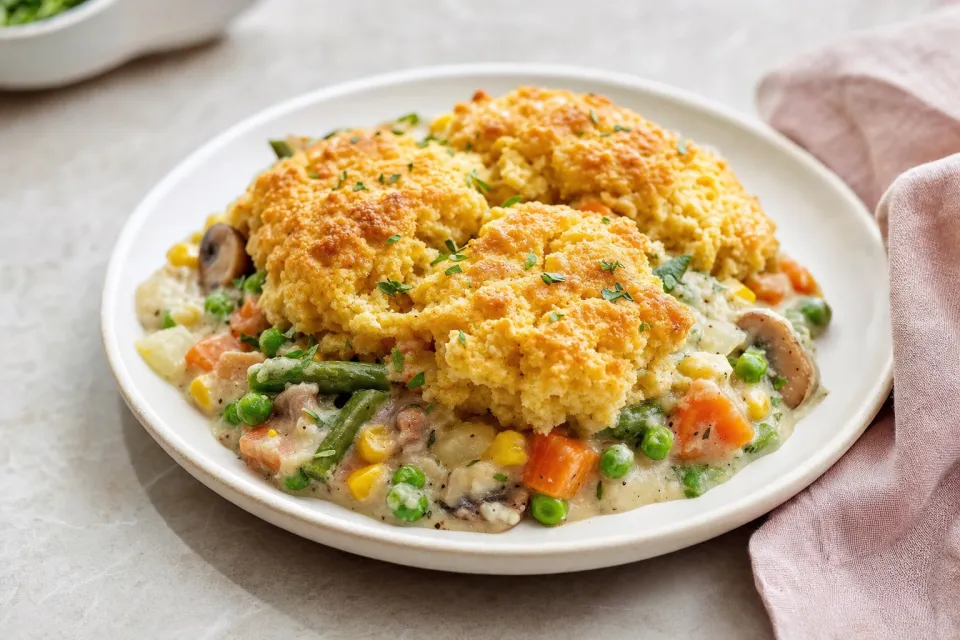 Vegetable Pot Pie Skillet with Cheddar Biscuit Topping