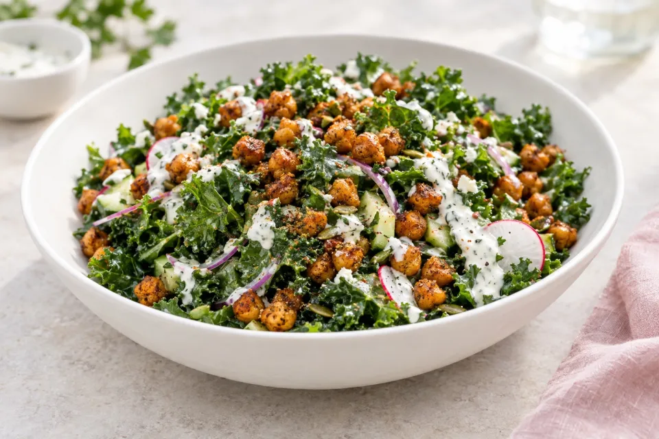 Kale Salad with Cajun Spiced Chickpeas and Buttermilk Dressing