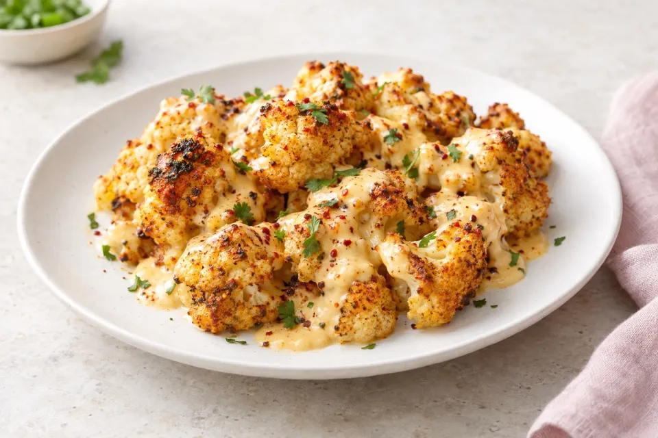 Spicy Roasted Cauliflower with Cheese Sauce