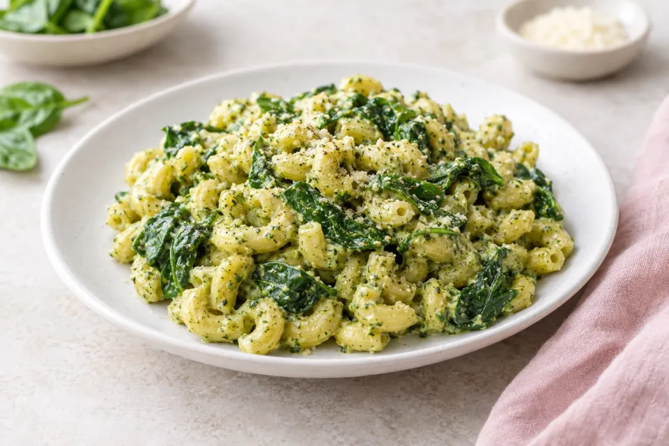 Creamy Pesto Mac with Spinach