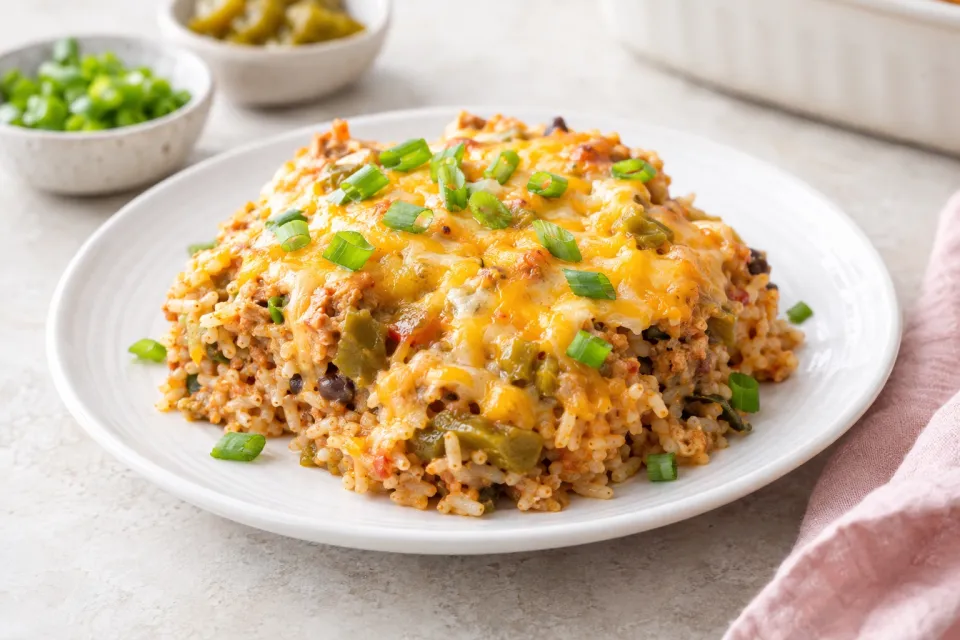 Spicy Slow Cooker Rice Casserole with Green Chiles, Green Onions, and Cheese