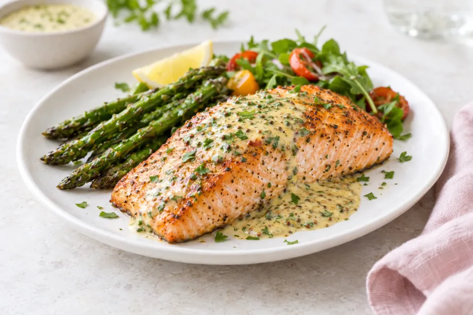 Easy Low-Carb Air Fryer Salmon with Mustard-Herb Sauce