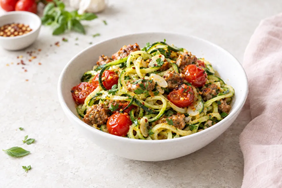 Zucchini Noodles with Spicy Cherry Tomato, Sausage, Garlic, and Herb Sauce