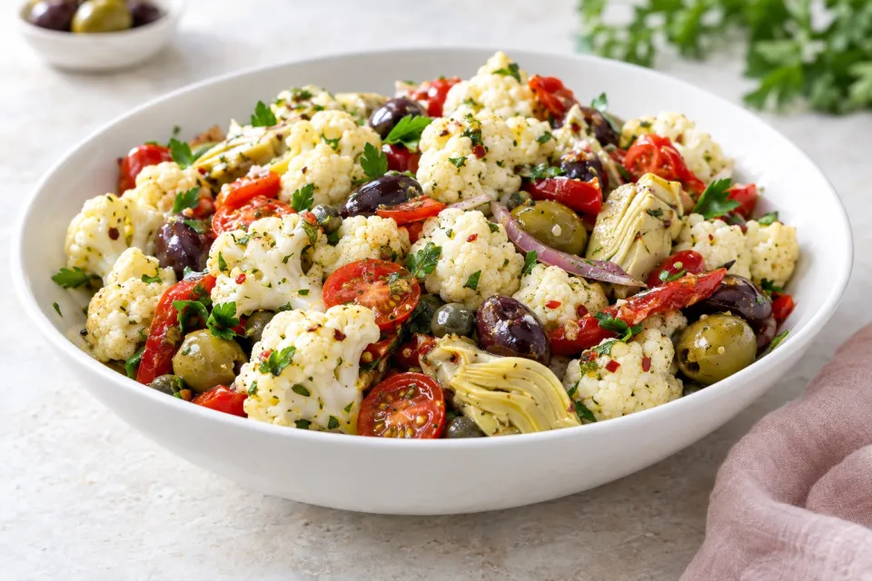 Low-Carb Marinated Cauliflower Antipasto Salad