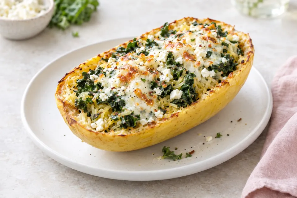 Twice-Baked Spaghetti Squash with Kale, Feta, and Mozzarella