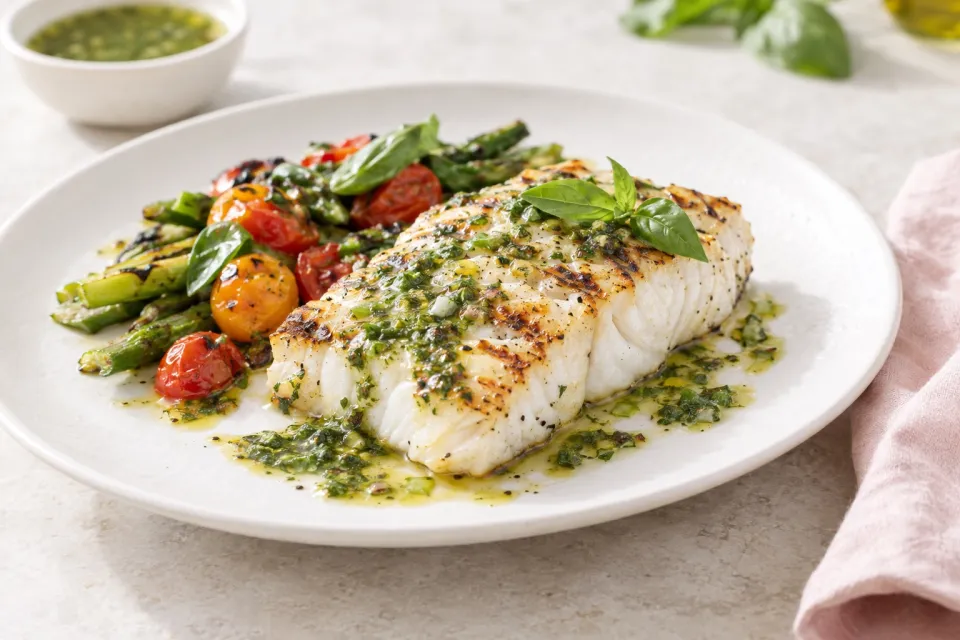 Grilled Halibut with Basil Vinaigrette