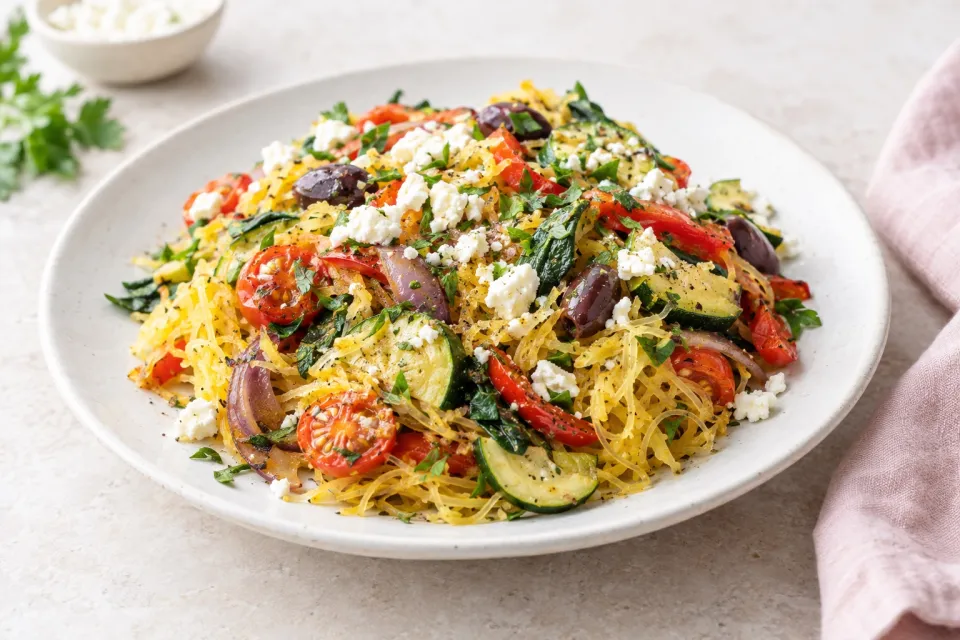 Low-Carb Mediterranean Spaghetti Squash Sauteed with Vegetables and Feta