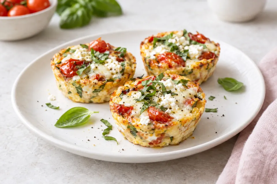 Crustless Tomato-Basil Breakfast Tarts with Mozzarella and Goat Cheese