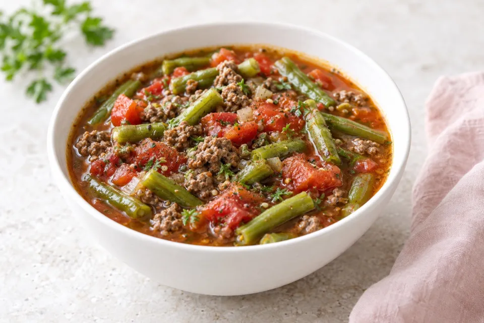 Instant Pot Low-Carb Soup with Ground Beef, Green Beans, and Tomatoes