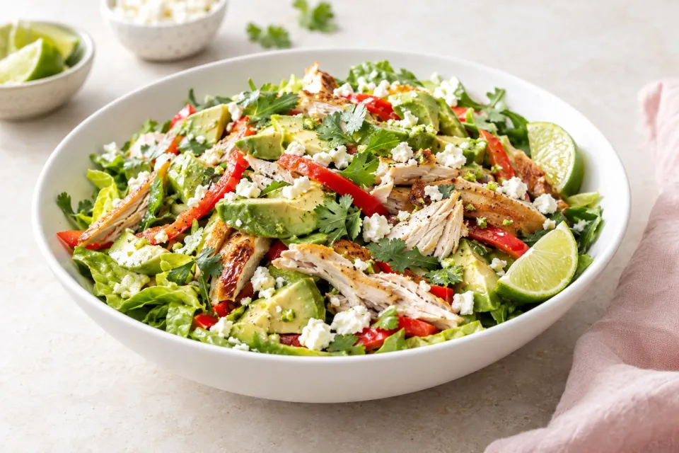Rotisserie Chicken Christmas Salad with Avocado, Pepper, Feta, and Lime