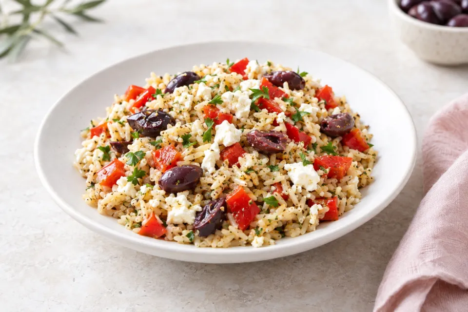 Slow Cooker Greek Rice with Red Bell Pepper, Feta, and Kalamata Olives
