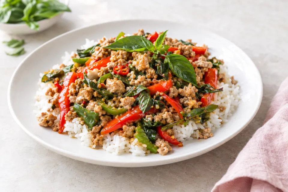 Thai-Inspired Ground Turkey Stir-Fry with Basil and Peppers