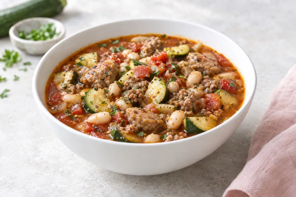 Slow Cooker Zucchini E Fagioli Soup with Italian Sausage and Ground Beef