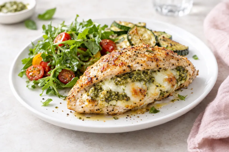 Low-Carb Baked Chicken Stuffed with Pesto and Cheese