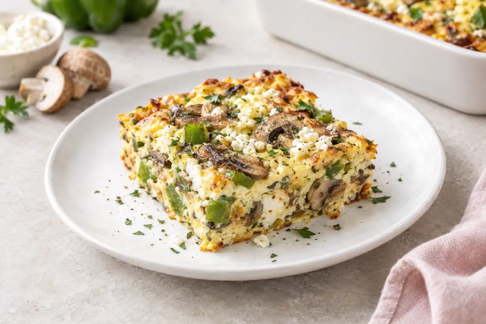 Low-Carb Mushroom, Green Pepper, and Feta Breakfast Casserole