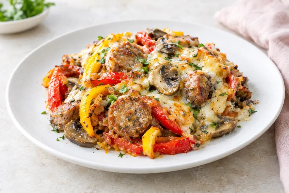 Sausage, Peppers, and Mushrooms Low-Carb Cheesy Bake