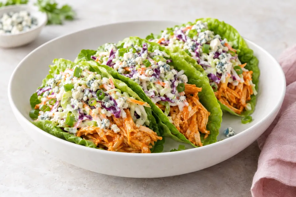 Pressure Cooker Low-Carb Buffalo Chicken Tacos with Blue Cheese Coleslaw