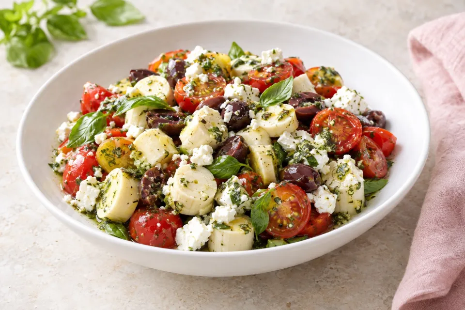 Tomato, Hearts of Palm, Olive, and Feta Salad with Basil Vinaigrette