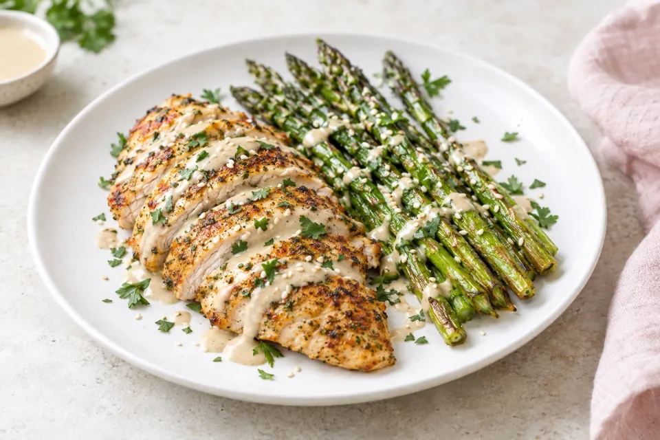 Low-Carb Chicken and Roasted Asparagus with Tahini Sauce