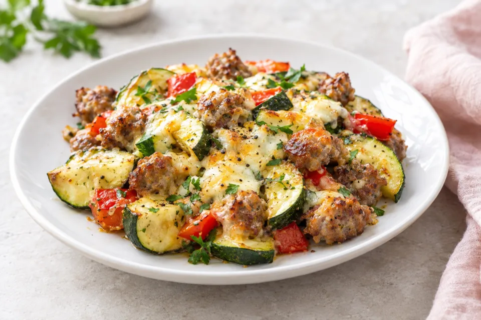 Cheesy Low-Carb Zucchini and Sausage Sheet Pan Meal