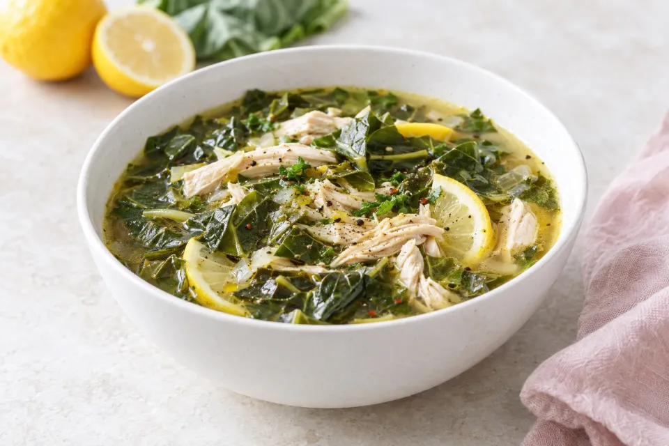 Low-Carb Chicken Soup with Collards and Lemon