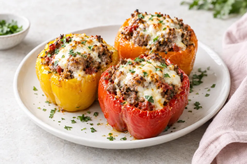 Low-Carb Stuffed Peppers with Italian Sausage, Ground Beef, and Mozzarella