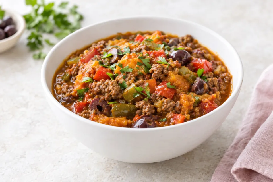 Paleo Pumpkin Chili with Beef, Peppers, and Olives
