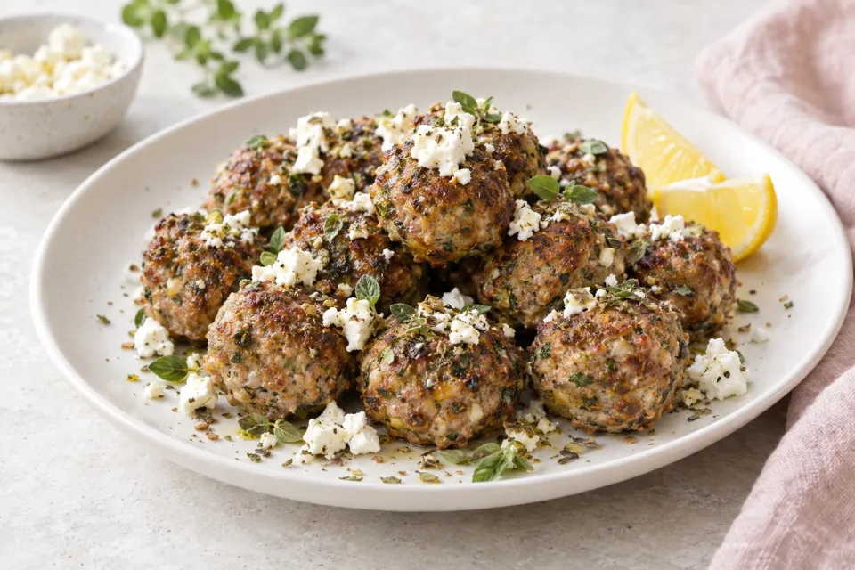 Low-Carb Baked Greek Meatballs with Feta and Oregano