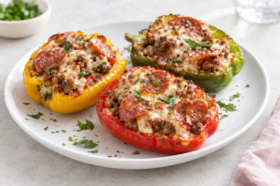 Low-Carb Sausage and Pepperoni Pizza-Stuffed Peppers