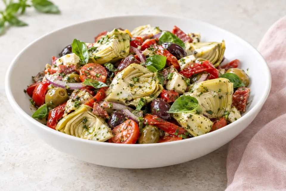 Artichoke Antipasto Salad with Basil Vinaigrette