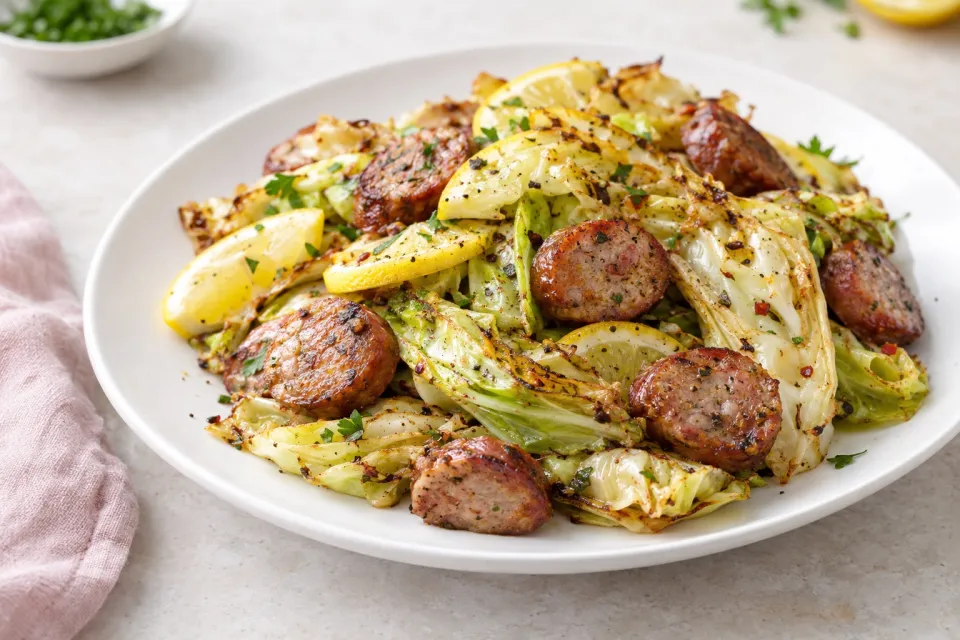 Low-Carb Roasted Lemon Cabbage and Sausage Sheet Pan Meal