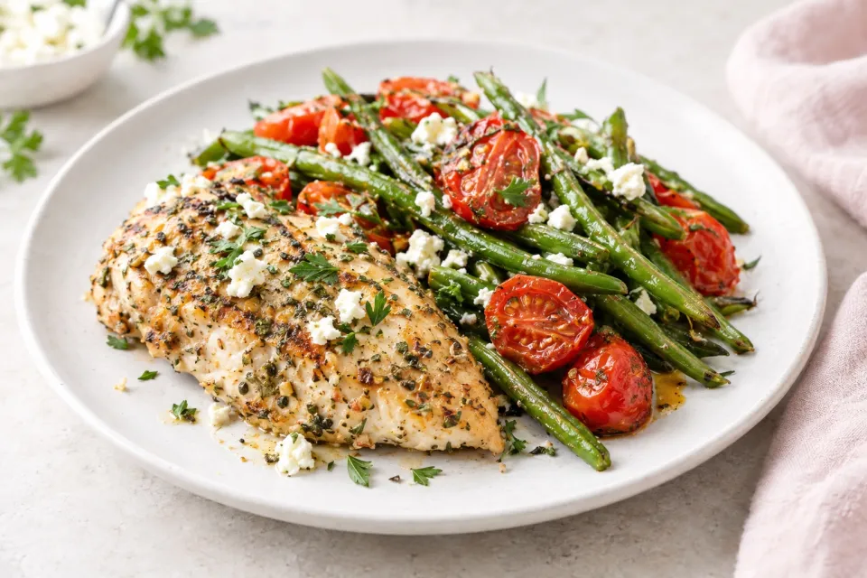 Low-Carb Greek Chicken, Green Beans, and Tomatoes Sheet Pan Meal