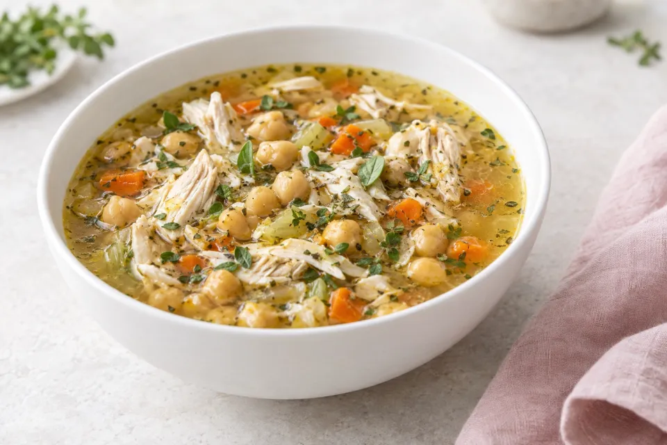 CrockPot Greek Chicken Soup with Garbanzos and Oregano