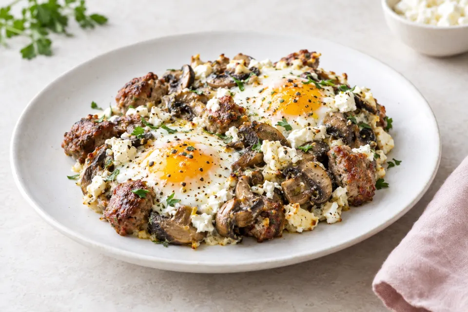 Sausage, Mushrooms, and Feta Baked with Eggs