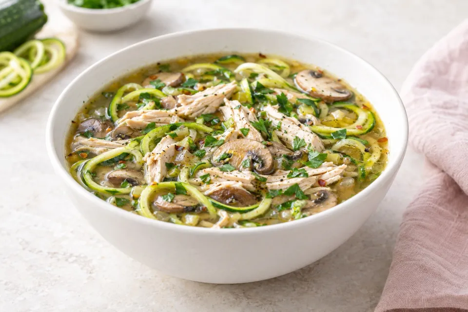 Low-Carb Turkey, Mushroom, and Zucchini Noodle Soup
