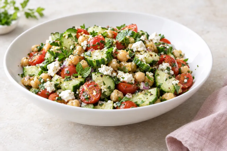 Cucumber and Tomato Salad with Marinated Garbanzo Beans, Feta, and Herbs